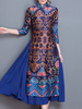 Print Fake Two Pieces Zipper Stand Collar Women Dresses