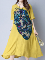 Print Frog Button Loose Hem Short Sleeve Women Dresses