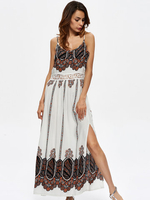 Print Hollow Slit Irregular Hem Camisole O-neck Maxi Dress For Women