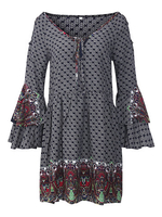 Print Lace-up Flouncing Long Horn Sleeve V-neck Mini Dress For Women