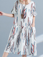 Print Loose Hem Pocket Short Sleeve O Neck Women Dresses