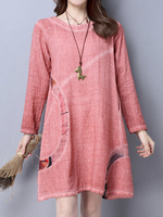 Print Loose Long Sleeve O Neck Mini Dresses For Women