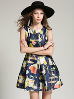 Print Pleated Sleeveless O Neck Zipper Women Dresses