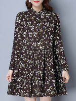 Print Pleated Stand Collar Long Sleeve Women Mini Dresses