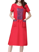 Print Pocket Short Sleeve O Neck Side Slit Women Dresses