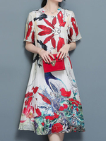 Print Short Sleeve Loose Hem Zipper A Line Women Dresses