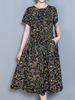 Print Short Sleeve O Neck Elastic Waist Women Dresses
