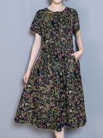 Print Short Sleeve O Neck Elastic Waist Women Dresses