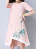 Print Short Sleeve O Neck Irregular Hem Women Dresses