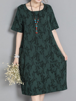 Print Short Sleeve O Neck Pocket Women Dresses