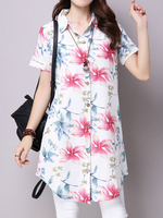 Print Short Sleeve Turn Down Collar Women Shirts