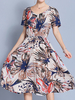 Print Short Sleeve V Neck Loose Hem Pleated Women Dresses
