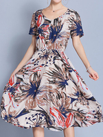 Print Short Sleeve V Neck Loose Hem Pleated Women Dresses