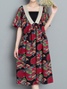 Print Short Sleeve V Neck Loose Hem Women Dresses