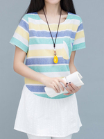 Print Striped Pocket O Neck Short Sleeve Women T-Shirts