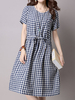 Printed Lattice Bowknot Tied Short Sleeve Women Dresses