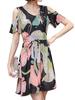 Printed Short Sleeve O Neck Adjustable Waist Women Dresses
