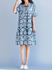 Printed Short Sleeve Pocket Style O Neck Women Dresses