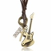 Punk Guitar Cross Medal Pendant Leather Rope Sweater Necklace