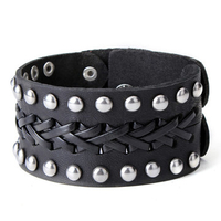 Punk Leather Braided Rivets Double Buckle Bracelet