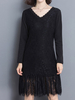 Pure Color Patchwork Women Long Sleeve V Neck Lace Dress