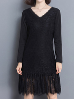 Pure Color Patchwork Women Long Sleeve V Neck Lace Dress