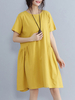 Pure Color Short Sleeve O-Neck Women Vintage Dresses