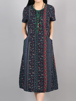 Retro Floral Frog Short Sleeve Loose Hem Women Dresses