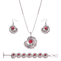Retro Jewelry Set Feather Red Turquoise Necklace Bracelet Earrings Set