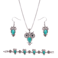 Retro Jewelry Set Owl Green Turquoise Earrings Necklace Bracelet Kit