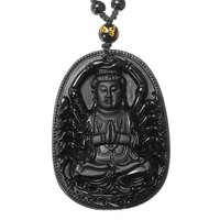 Retro Men Necklace Hand-Carved Natural Black Obsidian Buddha Necklace