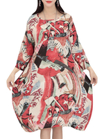 Retro Printed 3/4 Sleeve Pockets Lantern Dress For Women