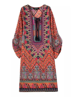 Retro Printed Tassels V Neck Mini Chiffon Dresses For Women