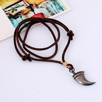 Retro Punk Cow Leather Wax Rope Alloy Crescent Horn Pendant Necklace for Man