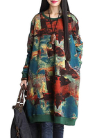 Retro Style Print O Neck Long Sleeve Loose Vintage Women Dress