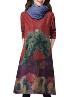 Retro Style Tree Printed Loose Elegant Long Sleeve Vintage Women Dreses