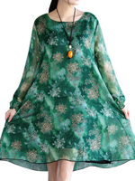Retro Style Women Flower Printed Long Sleeve Dress