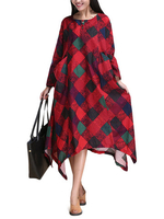 Retro Women Plaid Printed Pocket Drawstring Irregular Maxi Dress