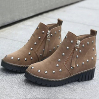 Rivet Button Ankle Side Zipper Pure Color Flat Boots