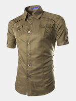 Rolled Short Sleeves British Stlyle Mutil Pockets Solid Color Designer Dress Shirts for Men