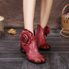 Rose Flower Stitching Ankle Leaf Leather Vintage Round Heel Zipper Boots