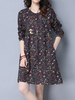 Round Neck Long Sleeve Floral Linen Dresses For Women