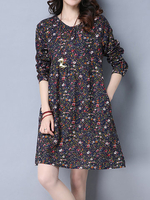 Round Neck Long Sleeve Floral Linen Dresses For Women