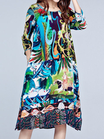 Scene Printed 3/4 Sleeve O Neck Side Slit Women Dresses