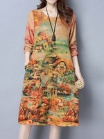 Scenery Printed Loose Long Sleeve O Neck Women Dresses
