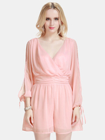Sexy Chiffon Slit Long Sleeve Bandage V-neck Women Jumpsuit