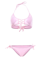 Sexy Criss Cross Straps Halter Pink Solid Color Bikini Set For Women