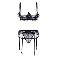 Sexy Exposed Breast Lace-trim Underwire Transparent Three Point Type Garter Belt Set