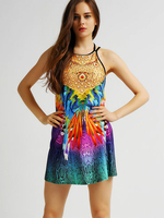 Sexy Feather Print Backless Sleeveless Women Mini Dress