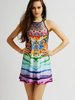 Sexy Feather Print Mix-color Backless Sleeveless Women Mini Dress